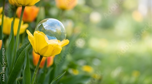 Transparent soap bubble resting on a vibrant yellow tulip in a garden