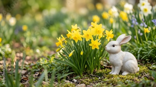 White ceramic rabbit figurine sitting beside blooming yellow daffodils
