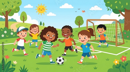 A group of happy children playing soccer on a green field on a sunny day outside