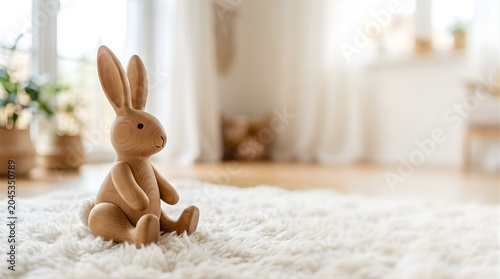 Wooden rabbit figurine sitting on a soft white rug in a bright room