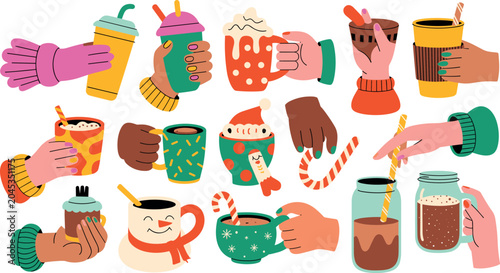 Christmas winter drinks vector collection with diverse hands holding festive hot cocoa mugs