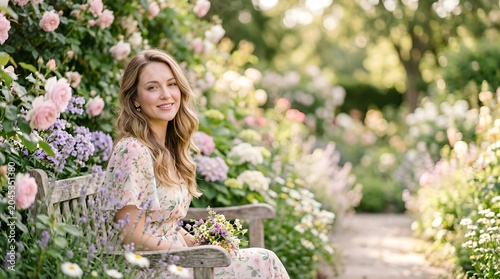 Young woman sitting on a wooden bench in a blooming floral summer garden