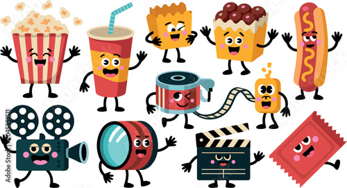 Cute cartoon cinema elements mascot characters set with projector clapperboard popcorn and snacks vector illustration