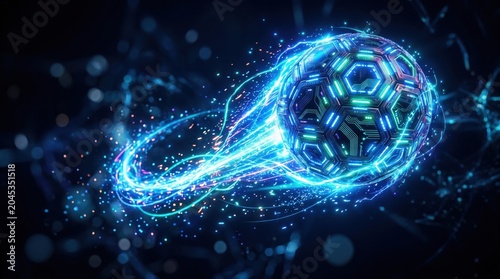 Glowing blue neon soccer ball with swirling lights on dark background with bokeh effect