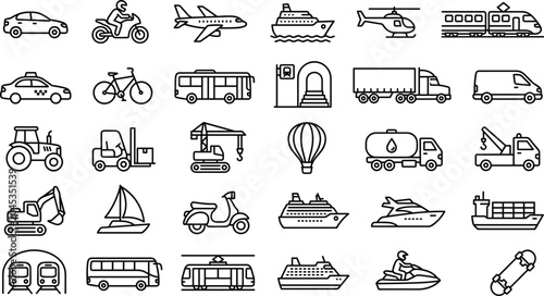 Schilderij op canvas Transportation and Travel Line Icons Set with Vehicles Aircraft Watercraft Const