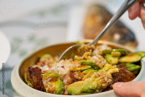 Foto Avocado Beef Bibimbap Korean Style Lunch Meal