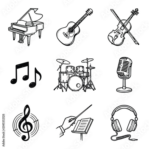 Collection of Musical Instruments and Symbols Hand Drawn Style.