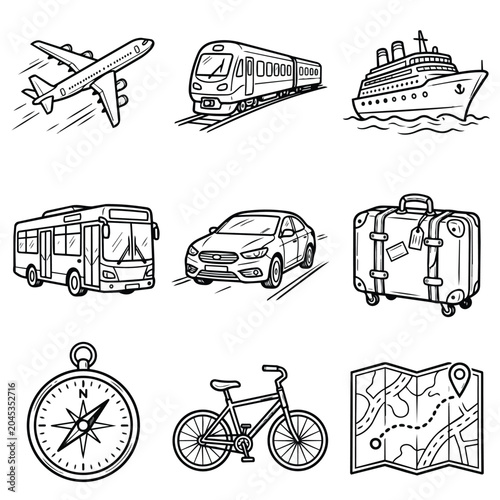 Collection of Transportation and Travel Icons Hand Drawn Style.