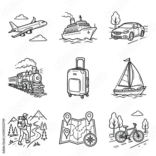 Collection of travel and transportation icons in sketch style.