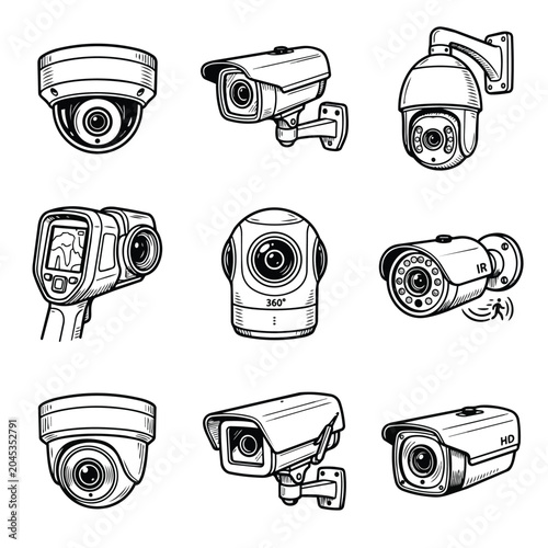 Collection of various security surveillance cameras in line art style.