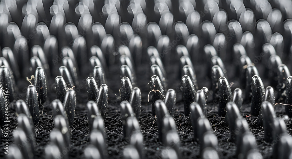 Obraz premium Abstract macro shot of dense, shiny gray spikes texture.