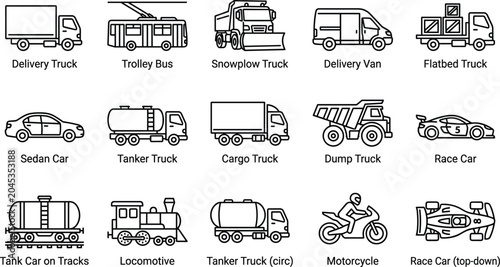 Tableau sur toile Transportation and Logistics Line Icons Collection with Trucks Cars Rail Vehicle