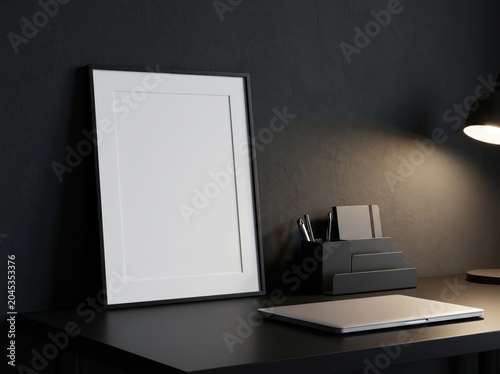 Blank black frame leaning on desk in dark moody creative workspace