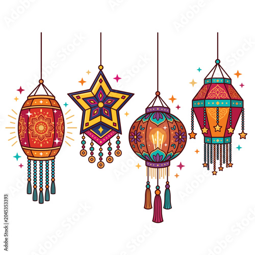 Fotografija Colorful decorative hanging lanterns with intricate patterns and tassels, festiv