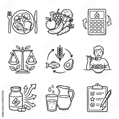 Healthy Eating and Nutrition Icons Set.