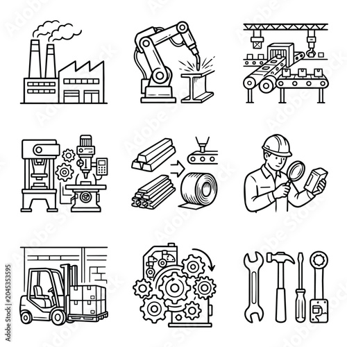 Industrial Manufacturing and Production Icons Set.
