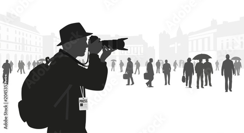 Obraz na płótnie A silhouette of a professional press photographer capturing images in a busy public square