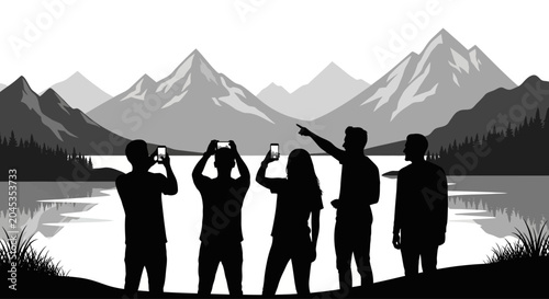 Fotografía Silhouettes of five friends standing together and capturing memories in nature