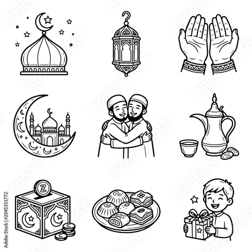 Islamic cultural symbols and traditions illustration set.