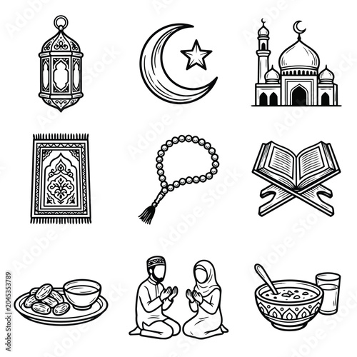 Islamic cultural symbols and traditions collection illustration.