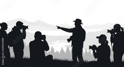 Cuadro en lienzo A group of photographers capturing images outdoors in a silhouette style