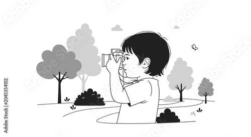 A young child holding a camera and taking a photograph outdoors.