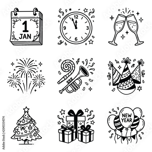 New Year Celebration Icons Collection Doodle Style.