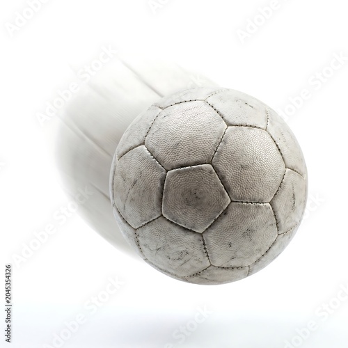 Dirty soccer ball flying fast in motion with speed blur on isolated white background