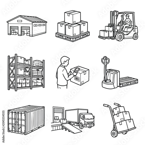 Warehouse and logistics icons set for shipping and delivery services.