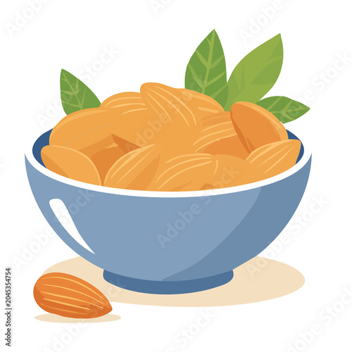 Bowl of almonds with leaves, flat design illustration