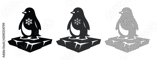 Fotografie Minimalist penguin icon set on ice floe, black and white arctic bird vector silh