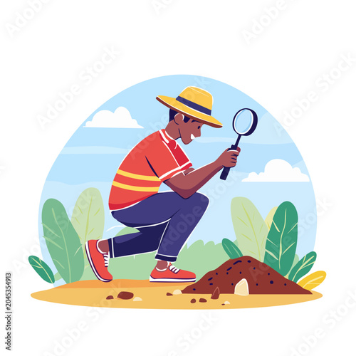 Person with magnifying glass examining an ant hill in nature