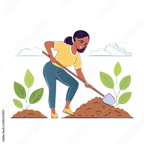 Woman gardening with a shovel, planting in soil