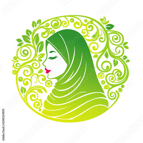 Woman in green hijab with floral ornament