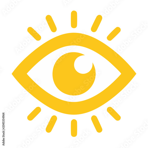 Yellow eye icon with radiating lines on white background