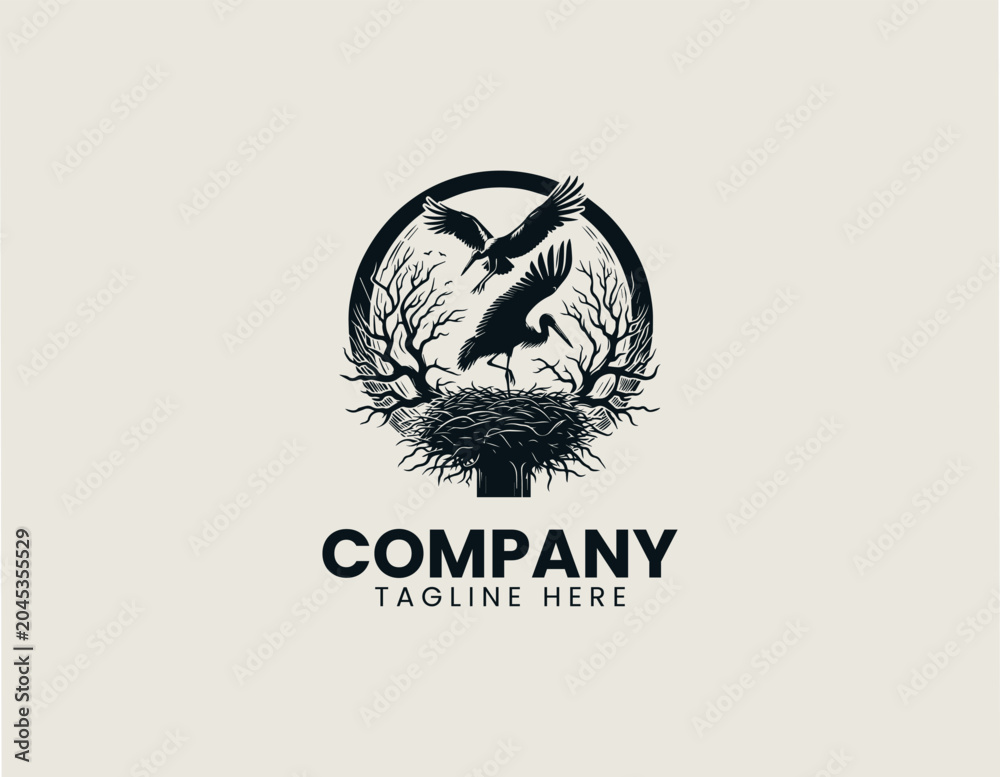 Obraz premium Stork silhouette on nest at sunset black vector illustration