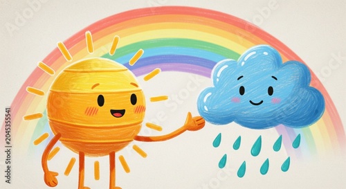 Happy cartoon sun and cloud with rainbow illustration, friendly weather concept for design and education.