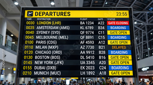 Airport departures board displaying flight information with flight numbers destinations and status updates in real time
