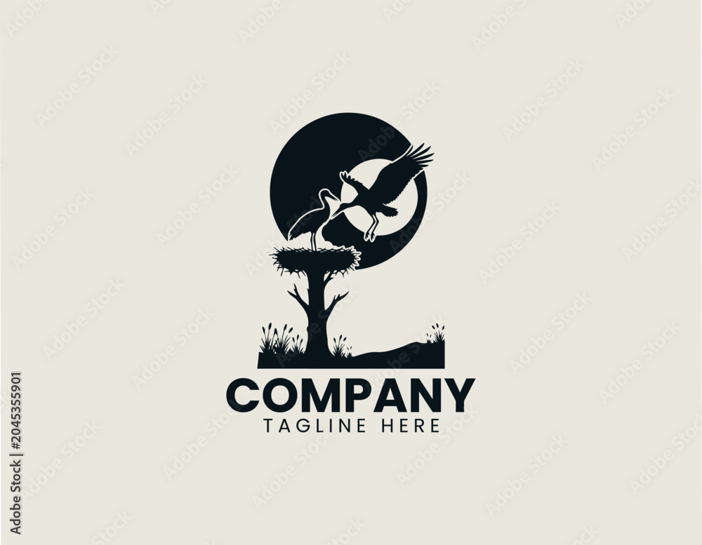 Obraz premium Stork silhouette on nest at sunset black vector illustration