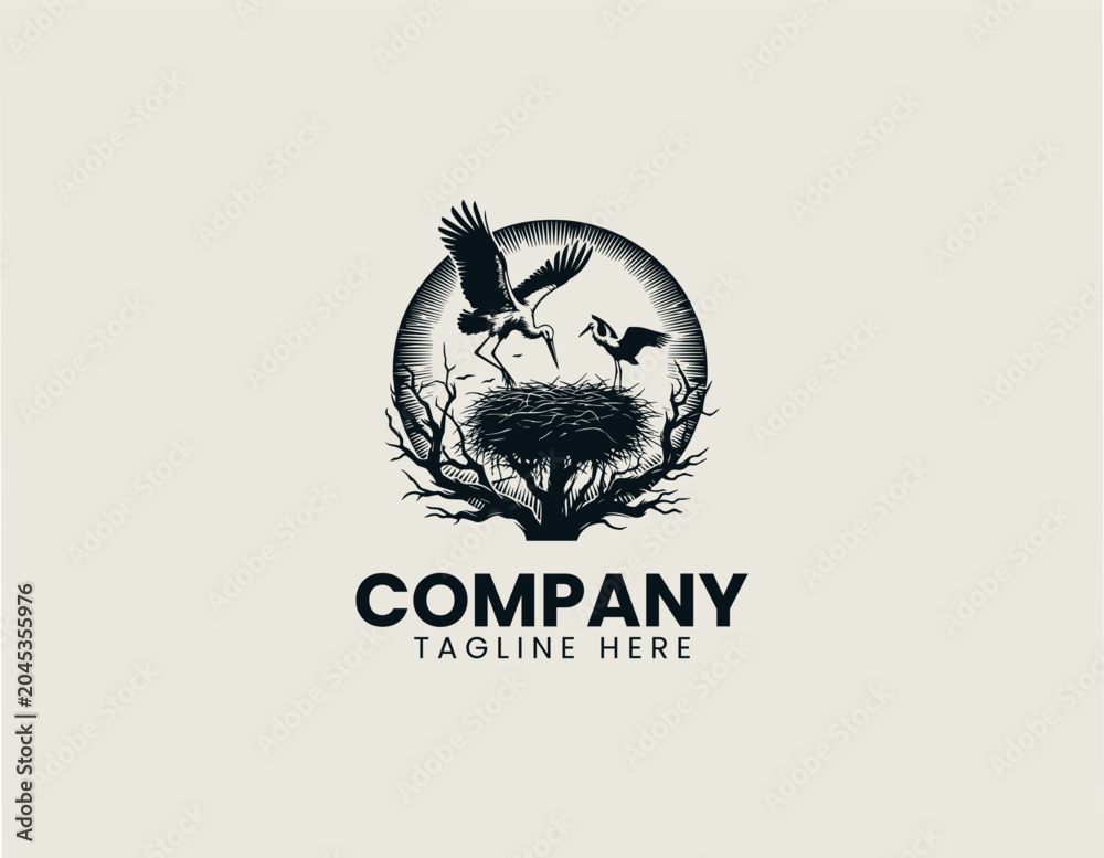 Obraz premium Stork silhouette on nest at sunset black vector illustration