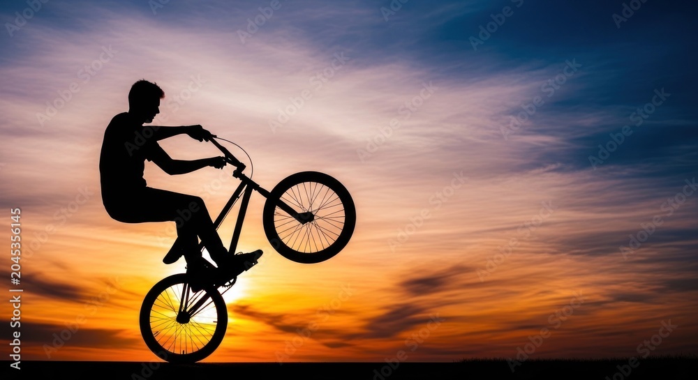 Obraz premium Man riding bicycle performs trick at sunset sky background