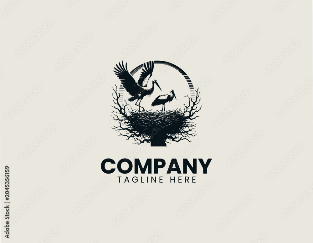 Obraz premium Stork silhouette on nest at sunset black vector illustration