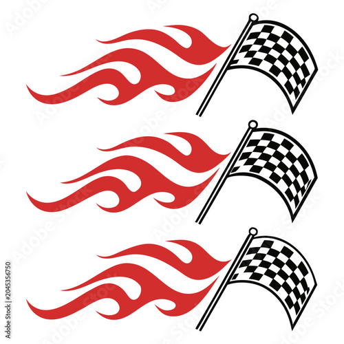 Checkered racing flag with dynamic red flame elements symbolizing high speed and victory in automotive competitions and professional sports events