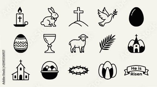 Easter Symbols Icons Set: Cross, Bunny, Egg, Dove, Candle, Lamb, Church, Palm Leaf, Crown of Thorns