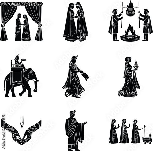 Fotografie Medieval Black Silhouettes of Royal Court, Knight and Fantasy Characters Set