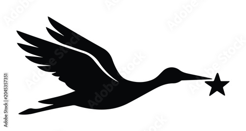 Bild auf Leinwand Minimalist flying stork silhouette with star, elegant black bird icon vector, gr