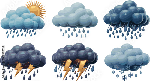 Stormy weather forecast realistic 3d cloud icon set with heavy rain lightning and snow vector illustrations