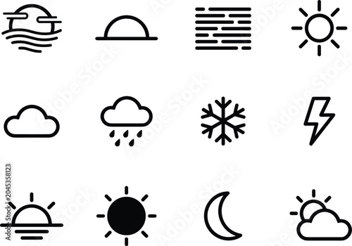 Foto Set of simple black line icons representing various weather conditions, forecast symbols, and climate phenomena for digital use