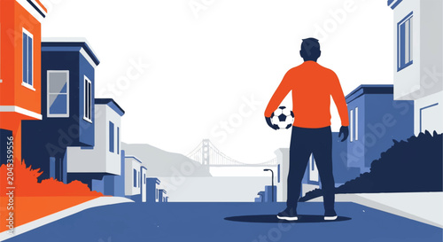 A fan standing on a steep San Francisco street, holding a soccer ball, with the simple silhouette of the Golden Gate Bridge in the far background. 4 colors: international orange, dark blue,