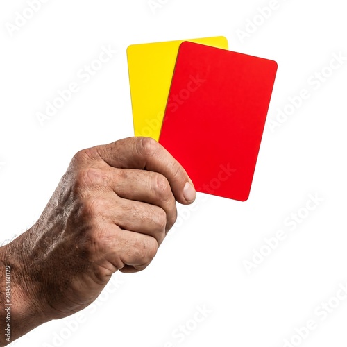 Referee holding red and yellow cards isolated on white background, symbolizing a penalty or warning in sports